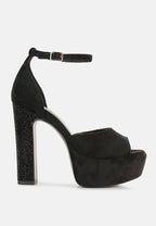  BEATY Black Rhinestones High Block Heeled Sandals
