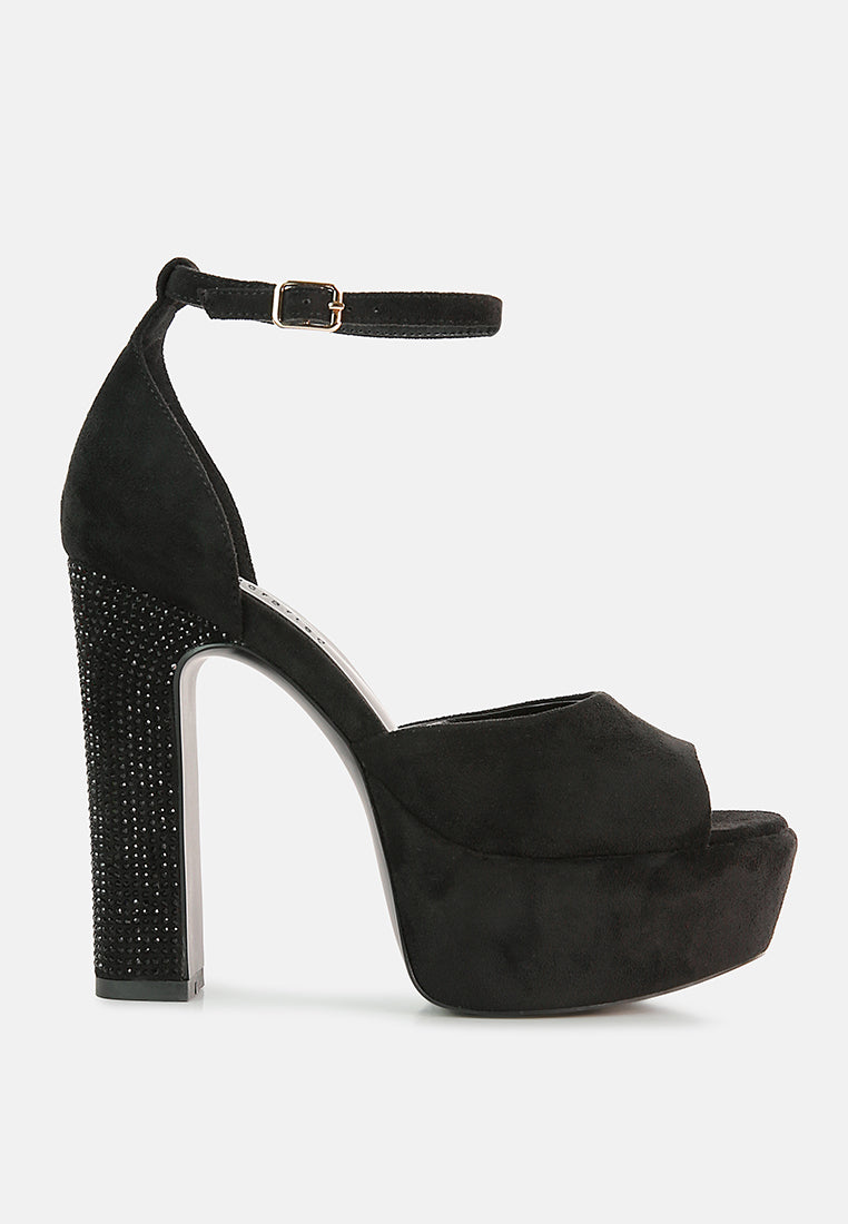  BEATY Black Rhinestones High Block Heeled Sandals