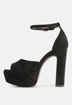  BEATY Black Rhinestones High Block Heeled Sandals