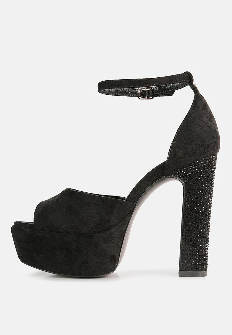  BEATY Black Rhinestones High Block Heeled Sandals