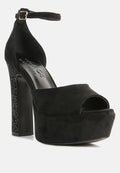  BEATY Black Rhinestones High Block Heeled Sandals