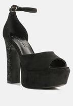  BEATY Black Rhinestones High Block Heeled Sandals