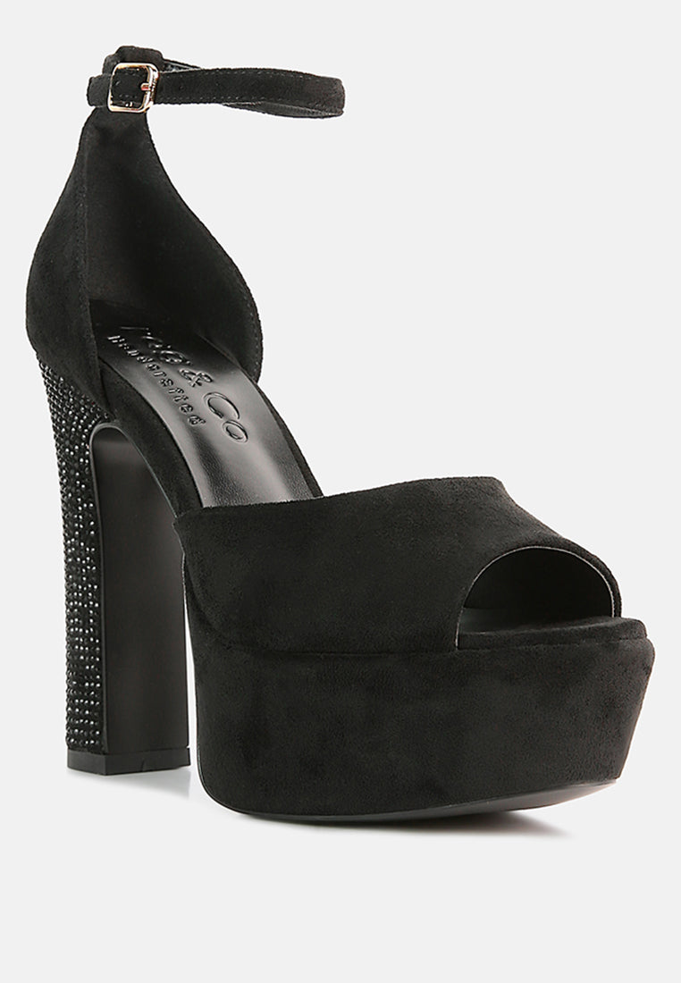  BEATY Black Rhinestones High Block Heeled Sandals