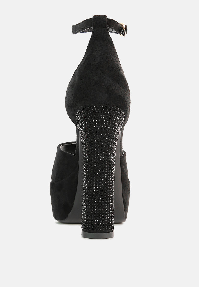  BEATY Black Rhinestones High Block Heeled Sandals