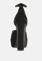  BEATY Black Rhinestones High Block Heeled Sandals