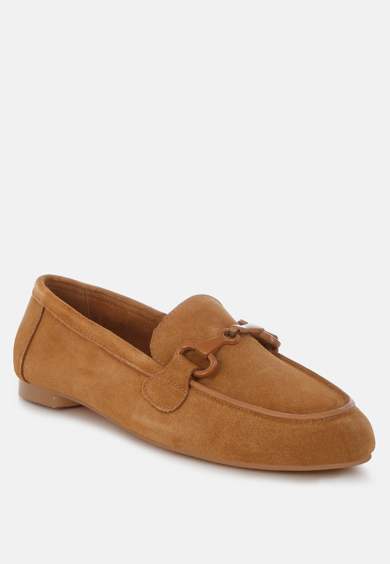  Awen Monochromatic Horsebit Real Suede Loafers