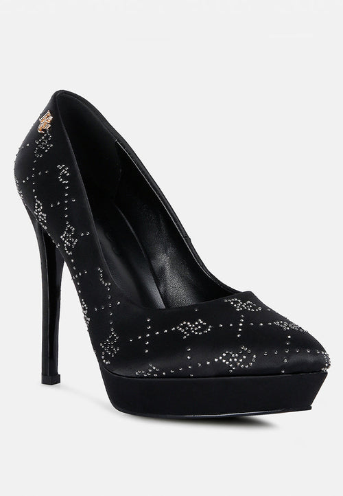  BALLARD Black Monogram Satin Stiletto Pumps