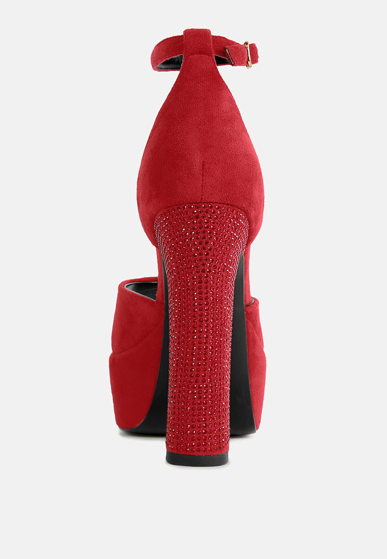  BEATY Red Rhinestones High Block Heeled Sandals