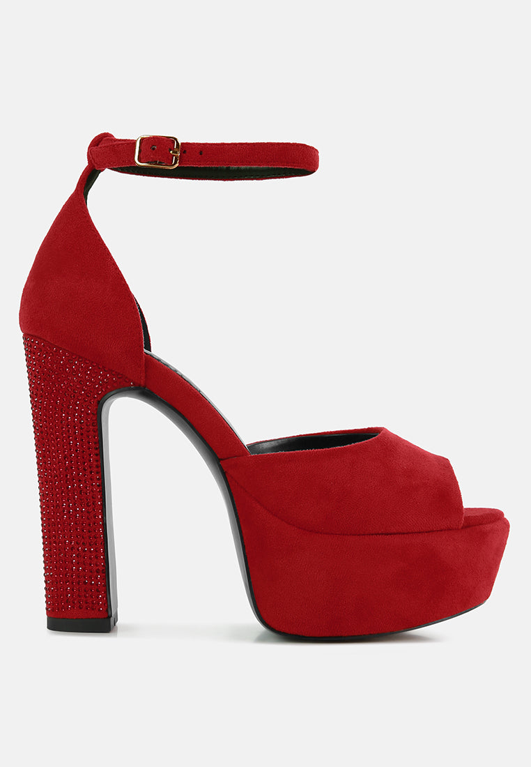  BEATY Red Rhinestones High Block Heeled Sandals
