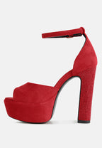  BEATY Red Rhinestones High Block Heeled Sandals