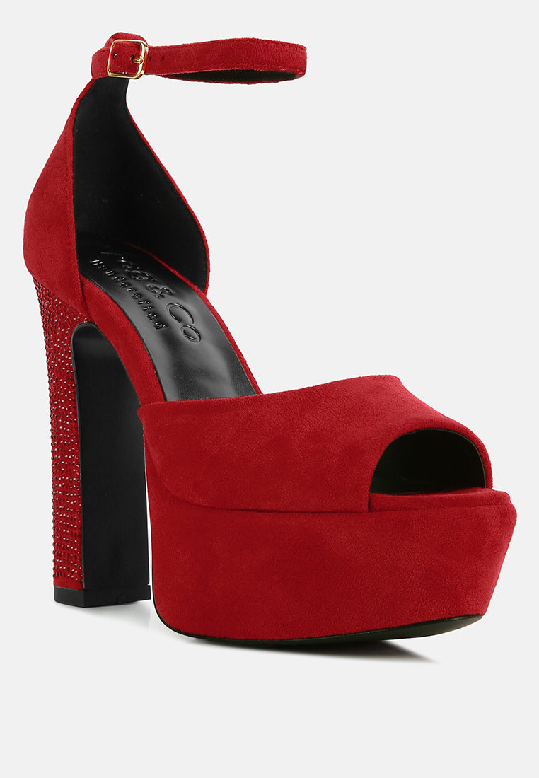  BEATY Red Rhinestones High Block Heeled Sandals