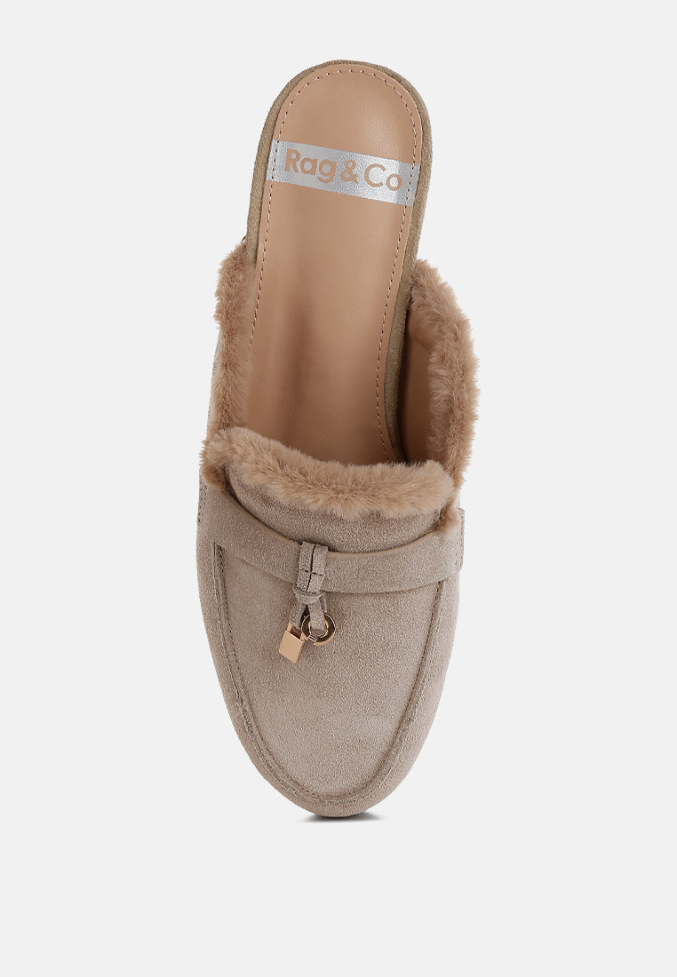  Bosnia Real Suede Leather & Faux Fur Slip On Mules