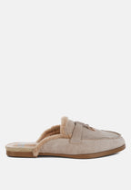  Bosnia Real Suede Leather & Faux Fur Slip On Mules