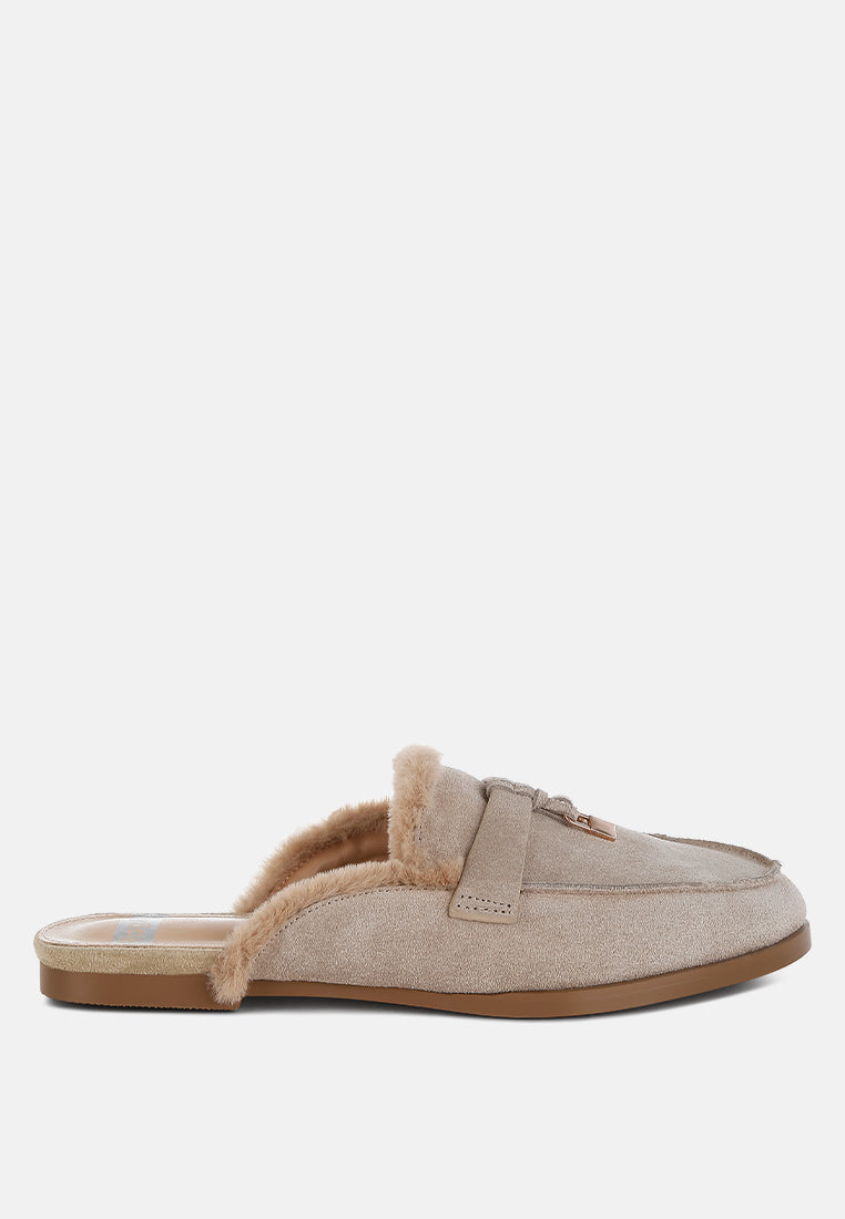  Bosnia Real Suede Leather & Faux Fur Slip On Mules