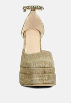  COSETTE Diamante Embellished Ankle Strap High Block Heel Sandals In Beige