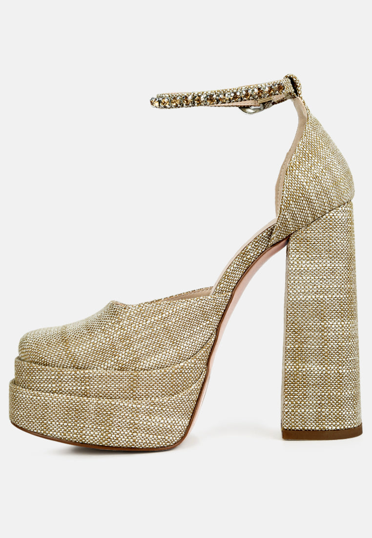  COSETTE Diamante Embellished Ankle Strap High Block Heel Sandals In Beige