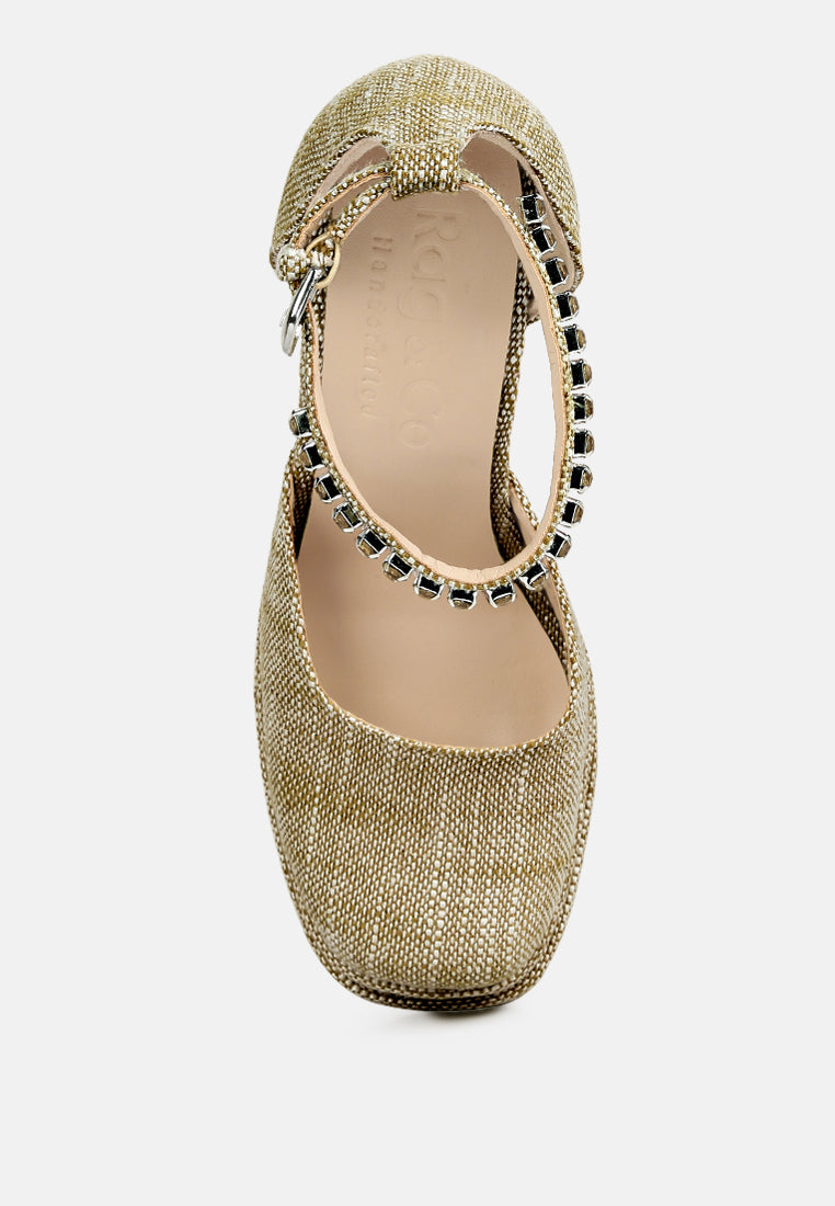  COSETTE Diamante Embellished Ankle Strap High Block Heel Sandals In Beige