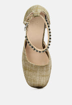 COSETTE Diamante Embellished Ankle Strap High Block Heel Sandals In Beige