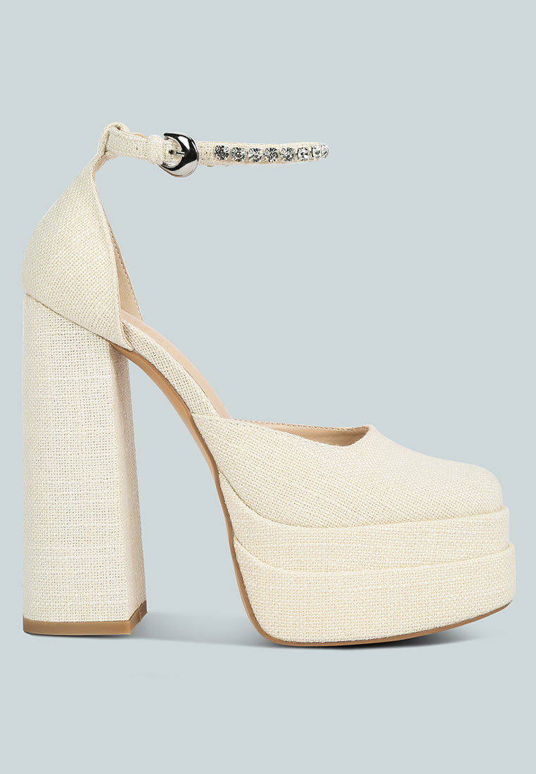  COSETTE Diamante Embellished Ankle Strap High Block Heel Sandals In Off White