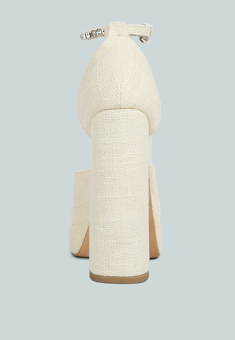  COSETTE Diamante Embellished Ankle Strap High Block Heel Sandals In Off White