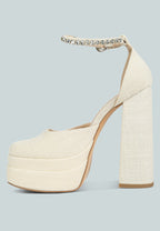  COSETTE Diamante Embellished Ankle Strap High Block Heel Sandals In Off White