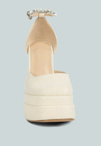  COSETTE Diamante Embellished Ankle Strap High Block Heel Sandals In Off White