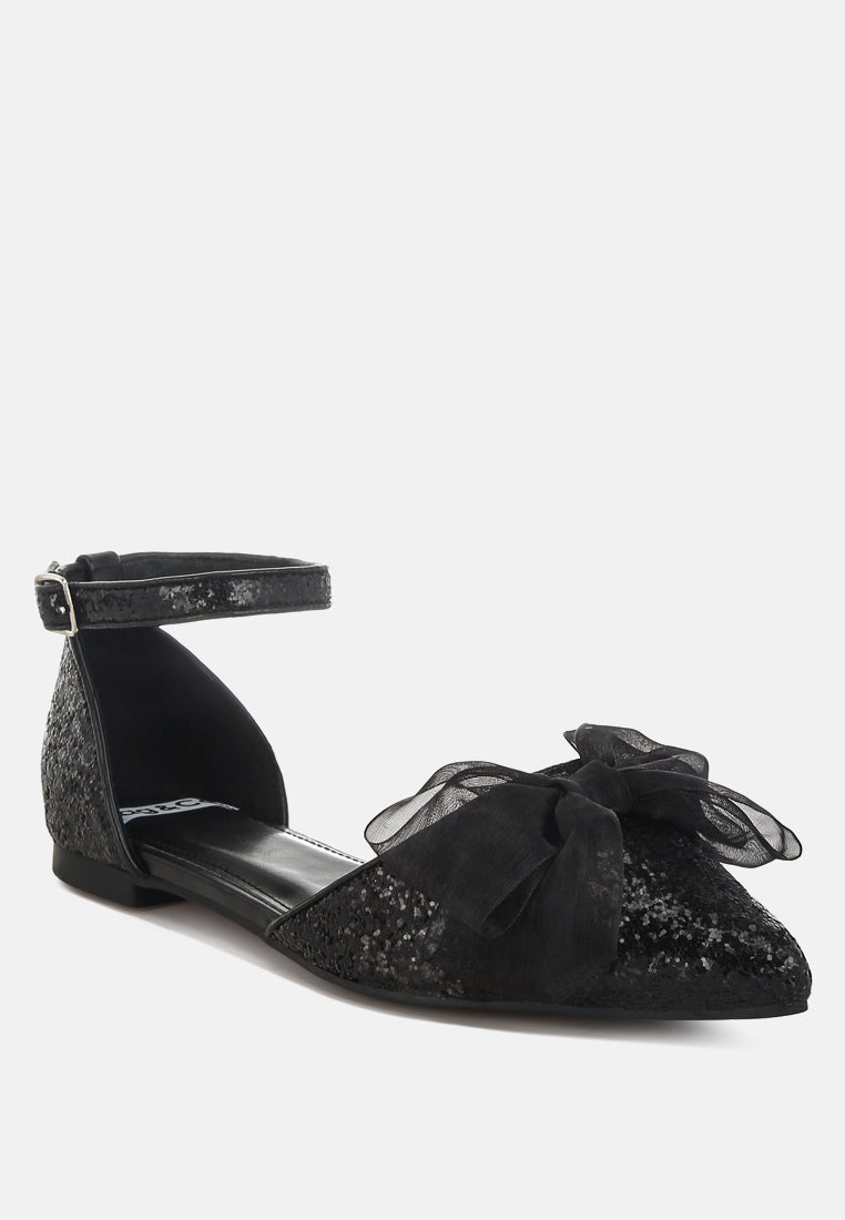  Clarice Sheer Bow Detail Glitter Flat Sandals