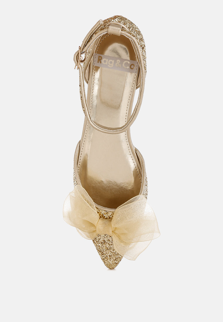  Clarice Sheer Bow Detail Glitter Flat Sandals