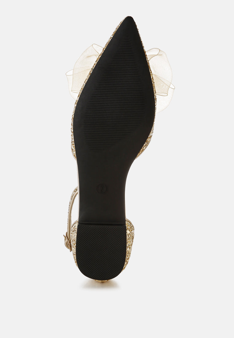  Clarice Sheer Bow Detail Glitter Flat Sandals