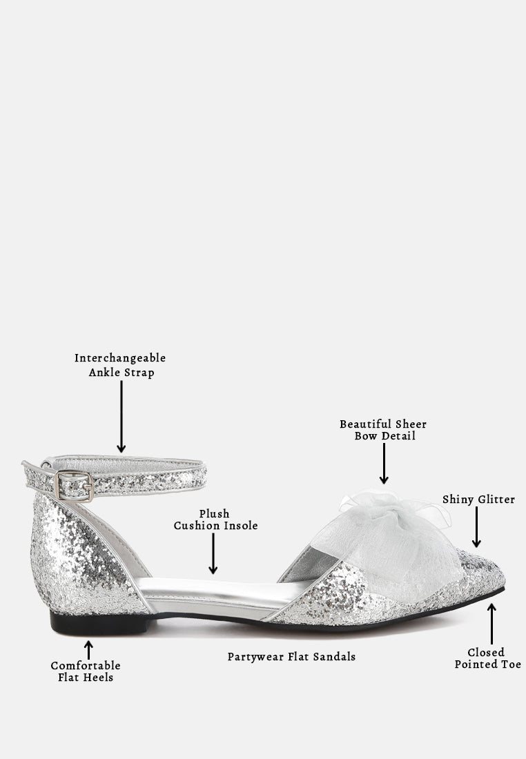  Clarice Sheer Bow Detail Glitter Flat Sandals