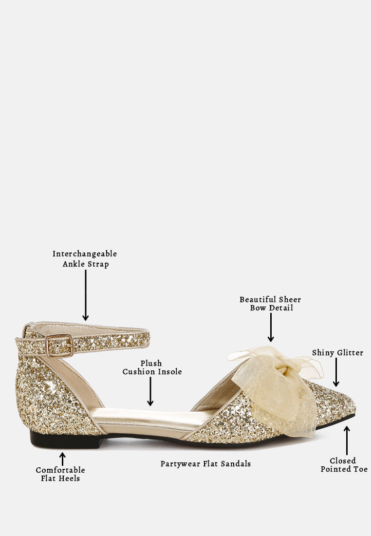  Clarice Sheer Bow Detail Glitter Flat Sandals