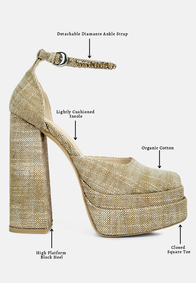  COSETTE Diamante Embellished Ankle Strap High Block Heel Sandals In Beige