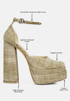  COSETTE Diamante Embellished Ankle Strap High Block Heel Sandals In Beige