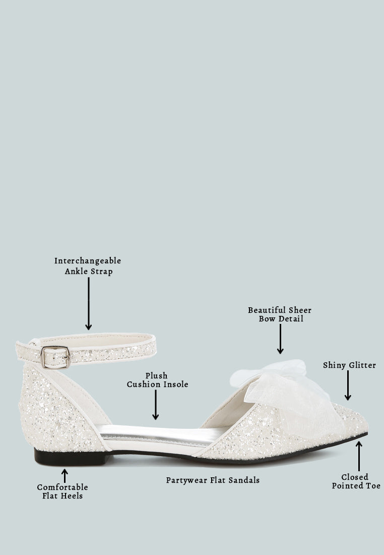  Clarice Sheer Bow Detail Glitter Flat Sandals