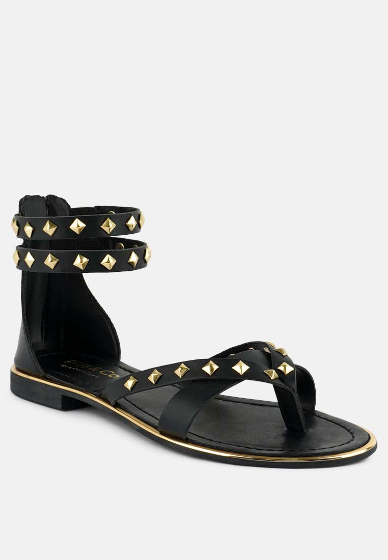  EMMETH Studs Embellished Black Flat Gladiator Sandals