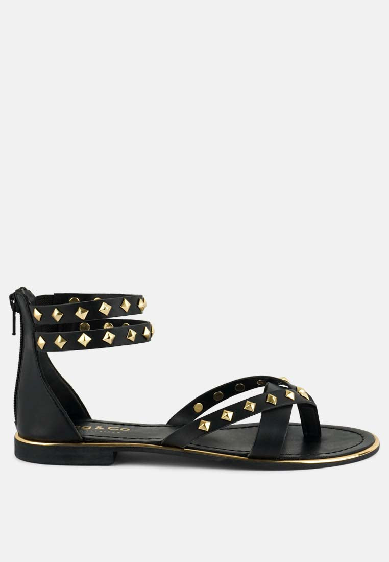  EMMETH Studs Embellished Black Flat Gladiator Sandals