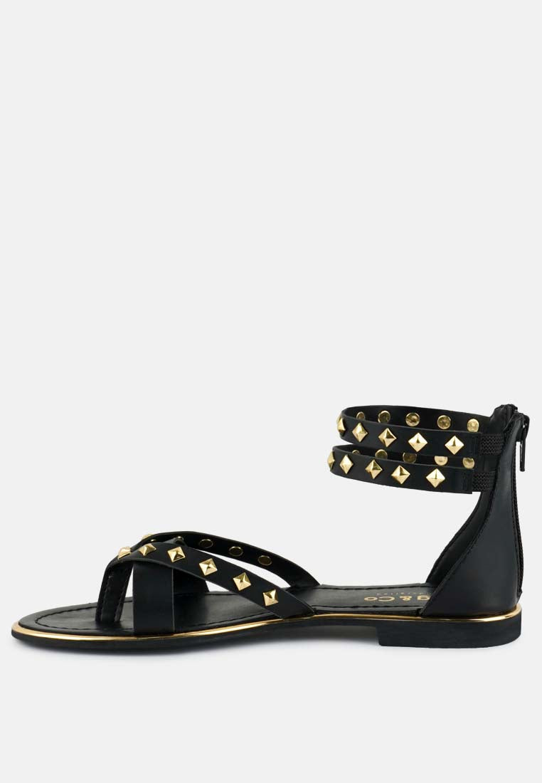  EMMETH Studs Embellished Black Flat Gladiator Sandals