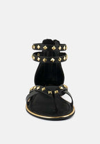  EMMETH Studs Embellished Black Flat Gladiator Sandals