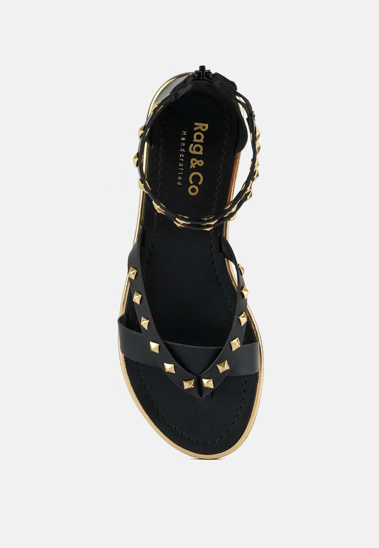  EMMETH Studs Embellished Black Flat Gladiator Sandals