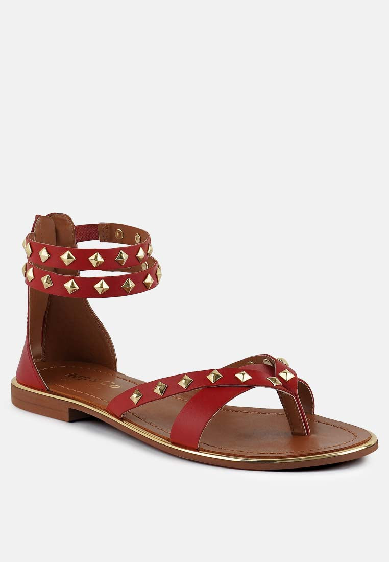  EMMETH Studs Embellished Red Flat Gladiator Sandals