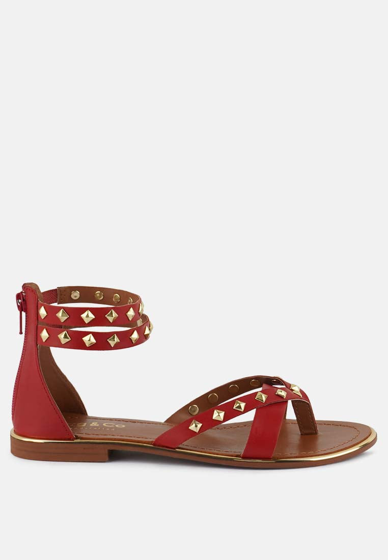  EMMETH Studs Embellished Red Flat Gladiator Sandals