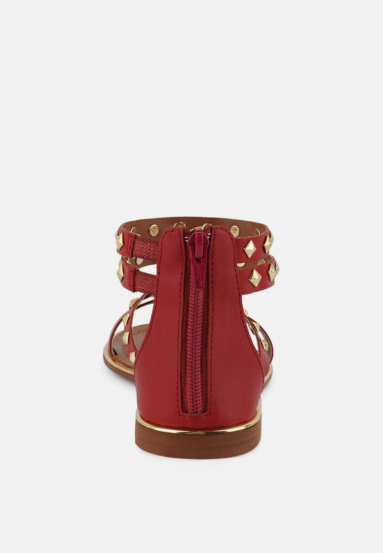  EMMETH Studs Embellished Red Flat Gladiator Sandals