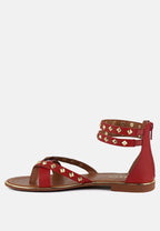  EMMETH Studs Embellished Red Flat Gladiator Sandals