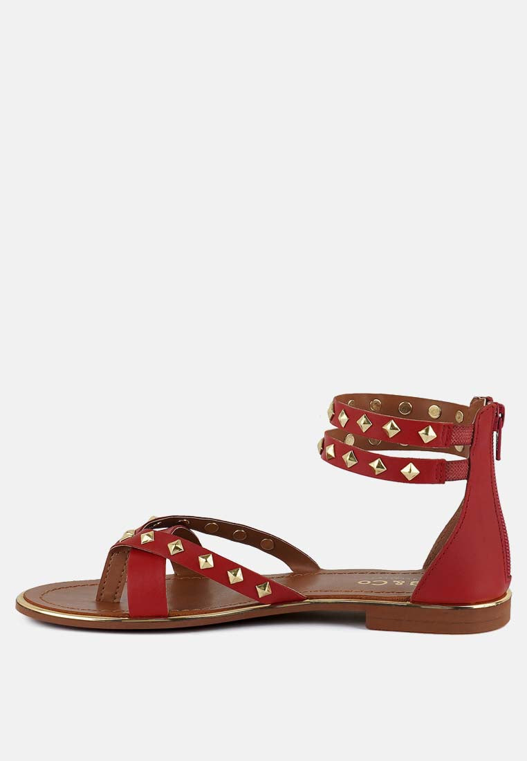  EMMETH Studs Embellished Red Flat Gladiator Sandals