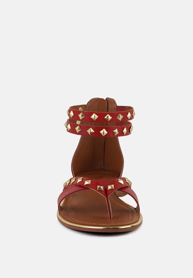  EMMETH Studs Embellished Red Flat Gladiator Sandals