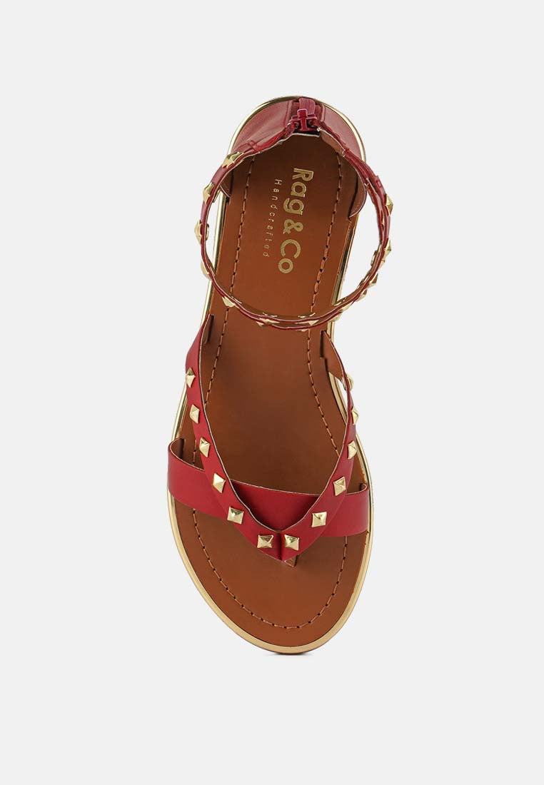  EMMETH Studs Embellished Red Flat Gladiator Sandals