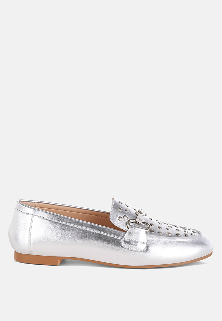  Estafa Horsebit & Studs Metallic Pleather Loafers