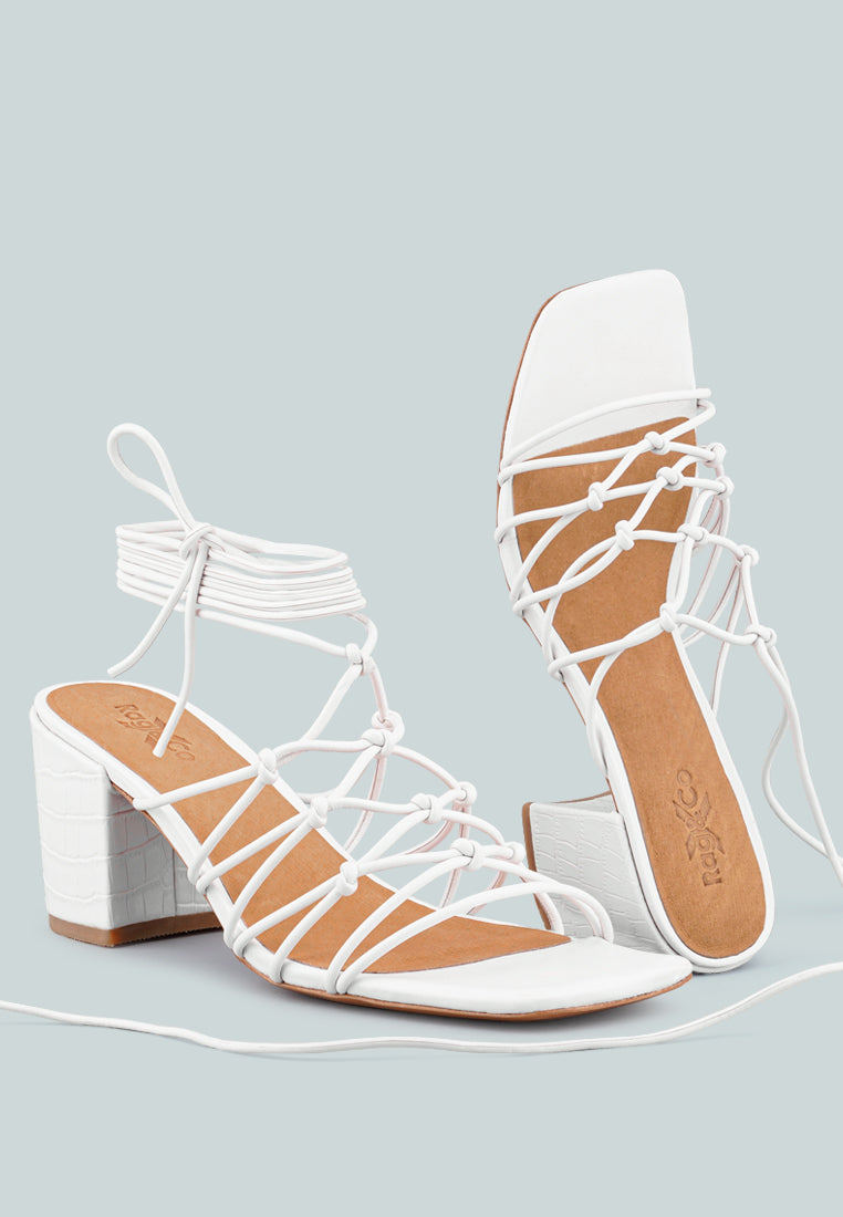  FONDA Croc Patterned White Handcrafted Lace Up Sandal