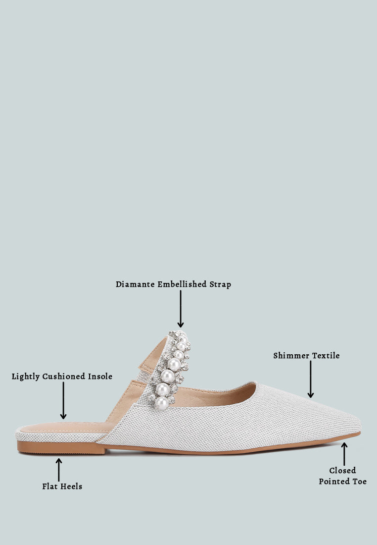  GEODE Pearl Embellished Slip On Mules In Silver