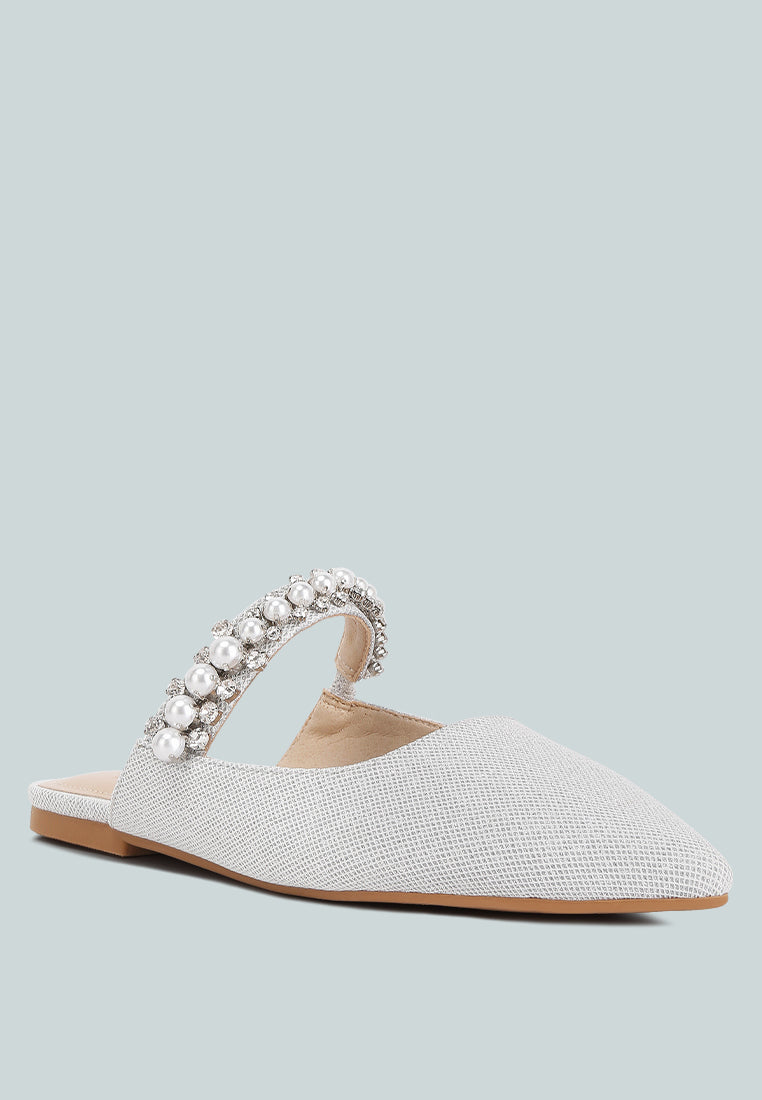  GEODE Pearl Embellished Slip On Mules In Silver